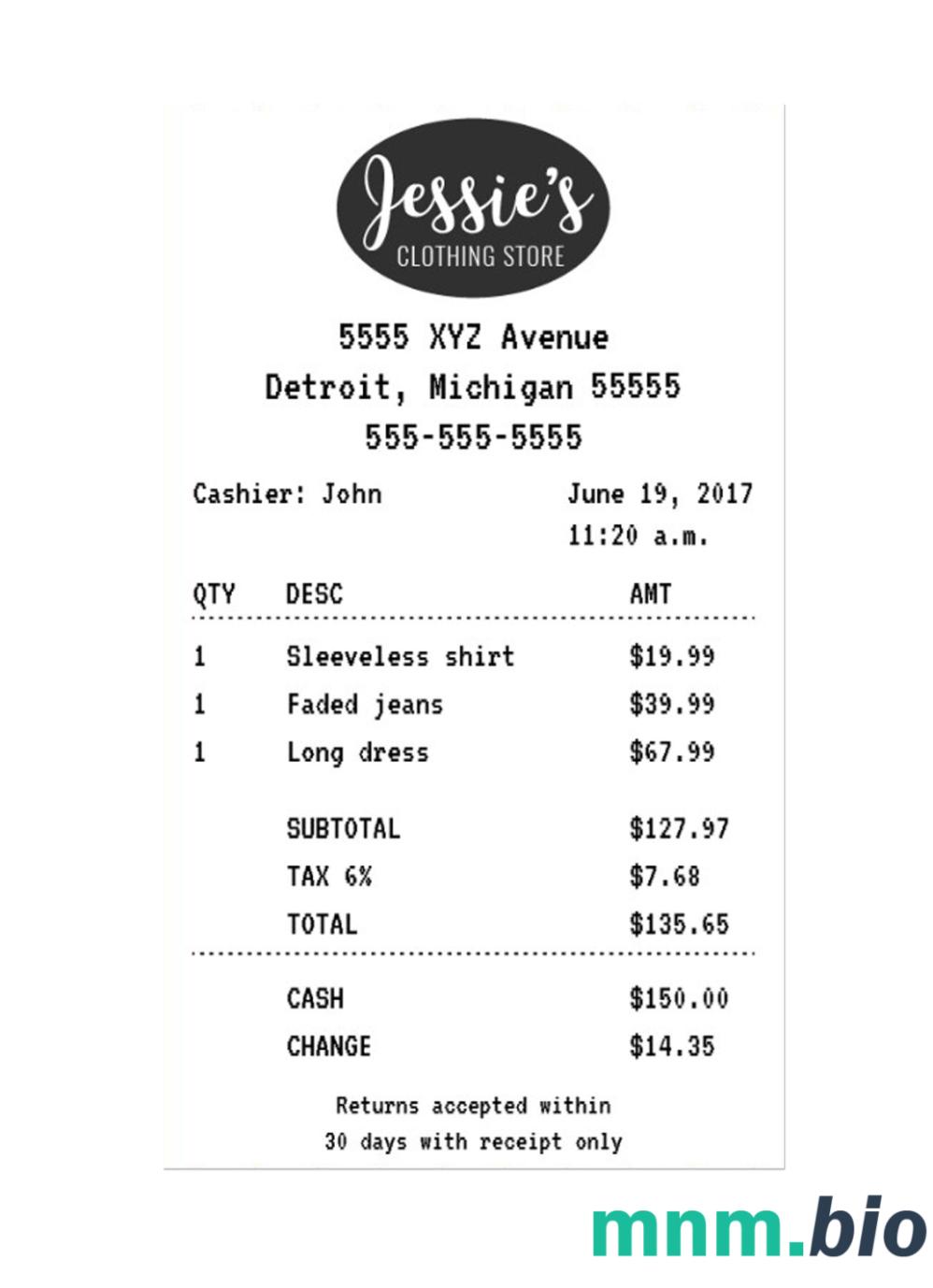 Jessie's Clothing Store szablon paragonu PSD
